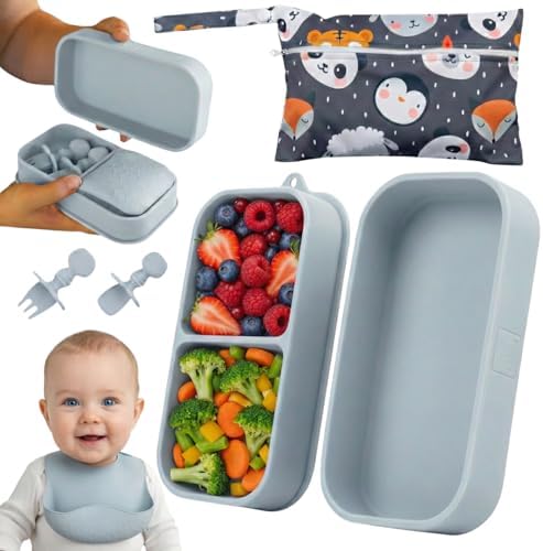 Baby Travel Feeding Set with Silicone Suction Plates, Grey Small by PalzPandy