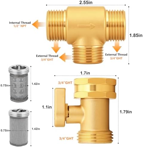 SIGURANTA Brass Garden Hose Filter, Dual Inlet: 3/4" GHT Male & 1/2" NPT Female, 3/4" GHT Male Outlet, Interchangeable 40 & 100 Mesh Screens, Ball Valve Drain, for Lawn, Garden(Set C1) - Image 2
