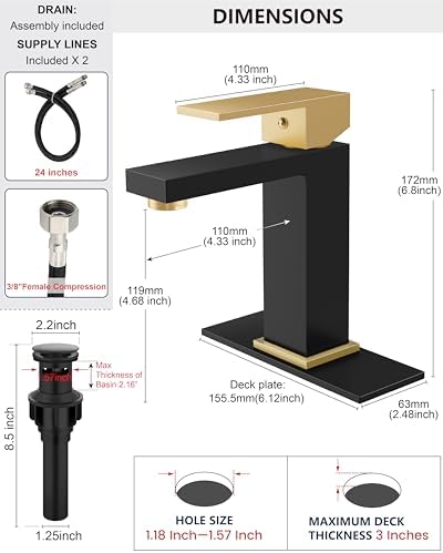Midanya Bathroom Faucets 1 Hole Single Handle, Matte Black&Gold Handle - Image 5