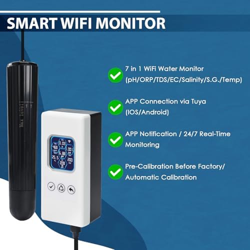 7 in 1 Smart Water Quality Tester, Wireless WiFi Water Monitor Measures pH/ORP/TDS/EC/Salinity/SG/TEMP, Water Quality Meter with App Connection Real-Time Alerts for Aquarium, Saltwater Fish Tank, etc. - Image 2