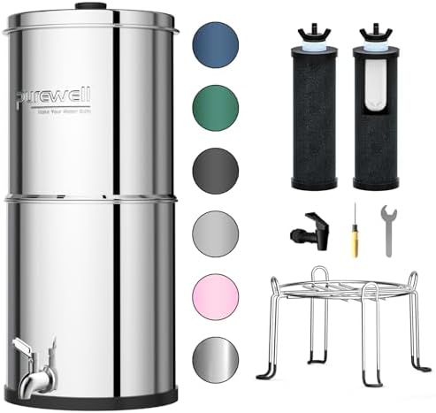 Purewell 3-Stage 0.01μm Ultra-Filtration Gravity Water Filter System, NSF/ANSI 42&372 Certification, 304 Stainless Steel Countertop System with 2 Filters and Stand, Reduce 99% Chlorine, 2.25G, PW-OB by Purewell