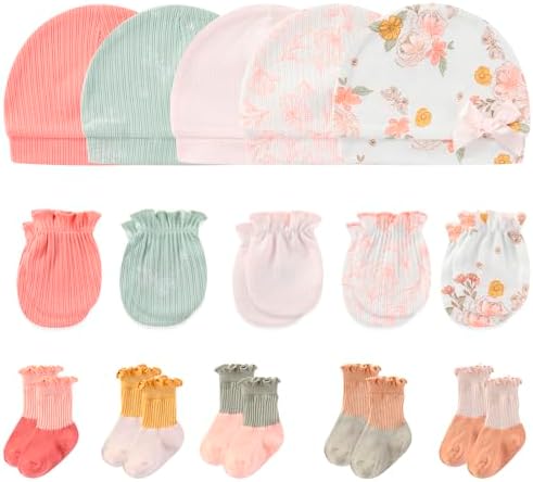 MAMIMAKA Newborn Baby Boy Girl Caps Mittens Socks Set Cotton Baby Essentials Accessories (Hats+Gloves+Socks) by MAMIMAKA