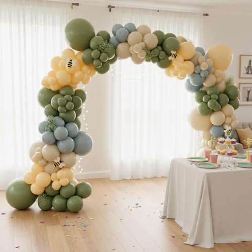 184Pcs Classic Cartoon Balloon Garland Arch Kit - Classic Bear Theme Party Decorations with Blue Yellow Sage Green Sand White Balloons for Baby Shower Girl Boy Birthday Party Decorations - Image 6