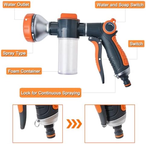 Garden Hose Nozzle, Dog Washing Hose Attachment, 8 Patterns Hose Sprayer High Pressure Metal Water Hose Nozzle with Soap Dispenser Bottle Dog Bath Brush Car Washing Mitt for Pet Garden Car Washing - Image 6