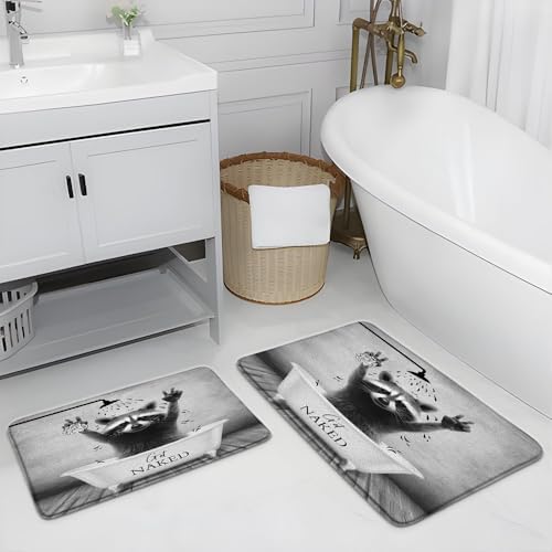 2PCS Lovely Raccoon Bath Mat Cute Animal in Bathtub Bubble Shower Head Get Naked Rustic Wooden Board Farmhouse Bathroom Rug Microfiber Memory Foam Shower Mat Kitchen Bath Floor Rugs, 18x30 Inch - Image 2