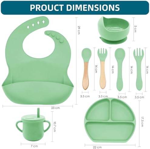 100% Silicone baby feeding set,BPA free Baby dishes set with Suction Bowl Divided Plate,Toddler Self Feeding Dish Set with Spoons Forks Sippy Cup And Bib, Baby Eating Utensils (Neon Green) - Image 3