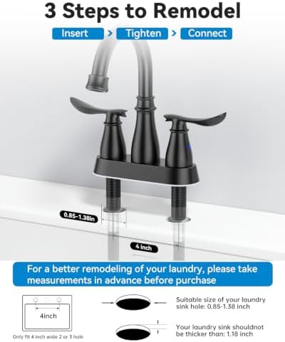 WEWE 4-Inch Centerset Laundry Faucet, 2-Handle, Matte Black, Pop-Up Drain - Image 7