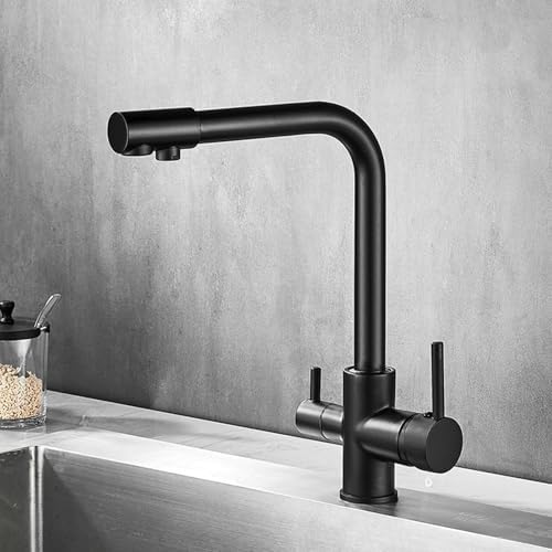 3-Way Kitchen 360° Swivel Osmosis Water Filter Tap with Dual Levers White Sink Mixer Perfect for Drinking Water Modern Design Easy Installation,Beige - Image 2