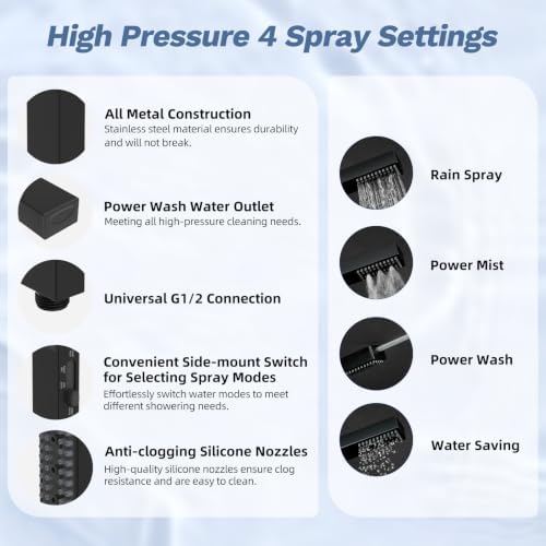 Hibbent 5-Mode 13" Rain Shower head, 4-Spray Handheld Shower, Matte Black - Image 3
