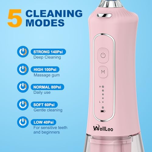 WellLeo Water Flossers for Teeth, 300ML Cordless Oral Irrigator Rechargeable Dental Flosser Picks with 5 Modes 5 Jet Tips,IPX7 Waterproof Teeth Cleaner for Braces Gum Care, Home Travel Use - Image 2