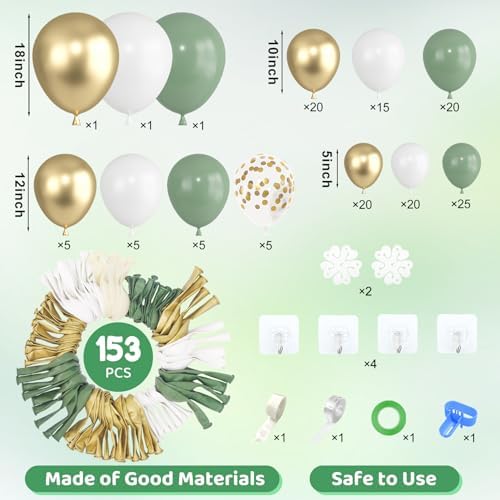 Amandir 153pcs Sage Green Gold Balloon Garland Arch Kit Different Sizes - Image 3