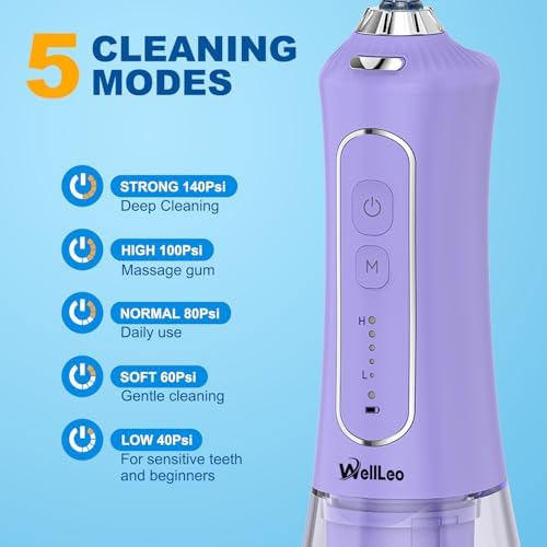 WellLeo Water Flosser for Teeth, 300ML Cordless Oral Irrigator Rechargeable Dental Flosser Picks with 5 Modes 5 Jet Tips,IPX7 Waterproof Teeth Cleaner for Braces Gum Care, Home Travel Use - Image 2