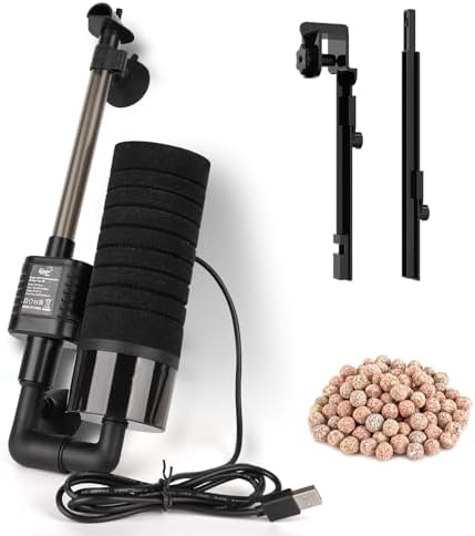 hygger USB Single Sponge Filter, Small Aquarium Filter with Adjustable Hanging Clip and Suction Cup, Duckbill Outlet, Rain Pipe Outlet, Extra Spare Sponge by hygger