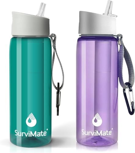 SurviMate Purified Water Bottle for Camping, Hiking, Backpacking and Travel, BPA Free with 5-Stage Intergrated Filter Straw by SurviMate