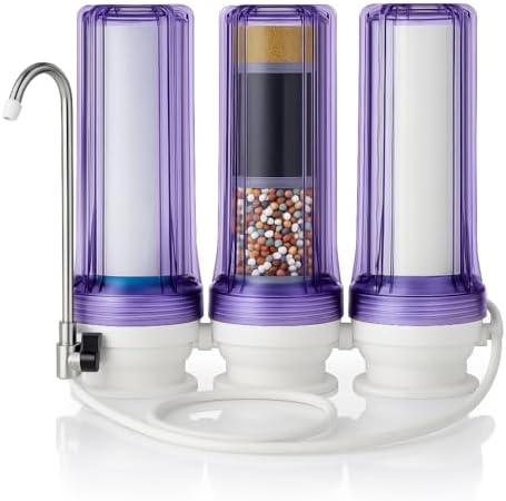 LiquaGen Triple Countertop Water Filtration System – Alkaline, ORP, 0.5 Micron Carbon Block, Fluoride Filter | No Waste Water | Portable Water Purifier for Home, RV, Apartment (Tinted Clear) by LiquaGen