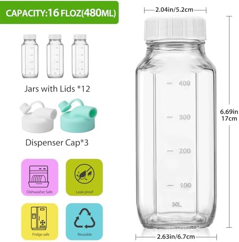 CUCUMI 12 Pack 16 Oz Glass Milk Bottles with Lids - Image 3