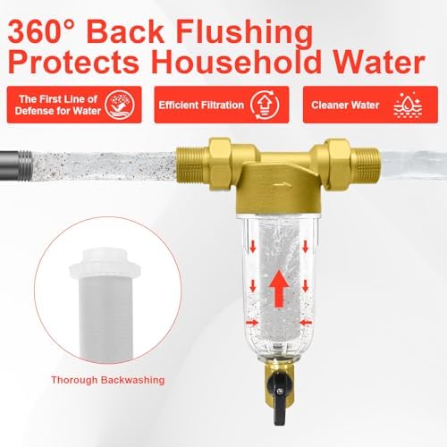 Spin Down Sediment Filter, Inline Water Filter for Home Well Water, 40/100/200 Micron Whole House Prefilter Filtration System, 1" MNPT + 3/4" FNPT + 3/4"MNPT, Lead-Free Brass - Image 2