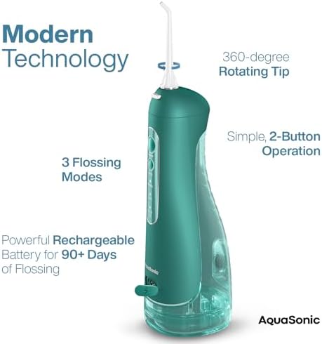 AquaSonic Aqua Flosser PRO - Rechargeable Electric Cordless Water Flosser for Teeth, Gums & Tongue - Waterproof Modern Design, 300ml Large Tank, 3 Modes, 6 Jet Tips, Deluxe Tongue Nozzle - Green - Image 4