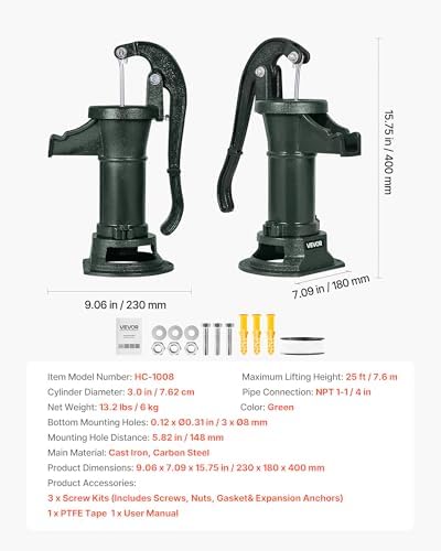 VEVOR Well Hand Pitcher Pump, 25 ft Maximum Lift, Antique Cast Iron Manual Hand Water Pump, NPT 1-1/4 in Connection, Easy Installation, Old Fashioned for Outdoor Garden, Pond, Backyard, Farm, Green - Image 7