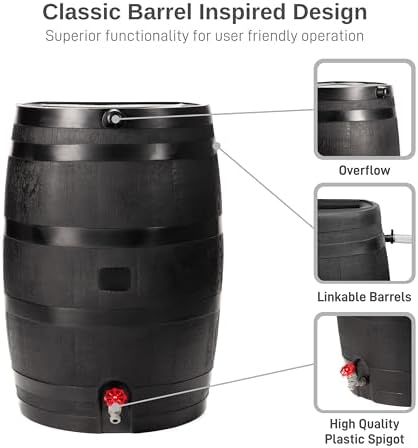 RTS Home Accents 50-Gallon ECO Rain Barrel Made with 100% Recycled Plastic, Flat Back Rain Water Collection Barrel, Link Kit Included, Black (2 Pack) - Image 4