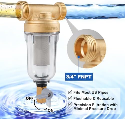 Himaweek WSP-100 Spin Down Sediment Prefilter, Whole House Reusable Flushable Water Filter 100 Micron, 1" MNPT & 3/4" FNPT Lead-Free Brass Water Pre Filter for Well Water Home Plumbing System - Image 3