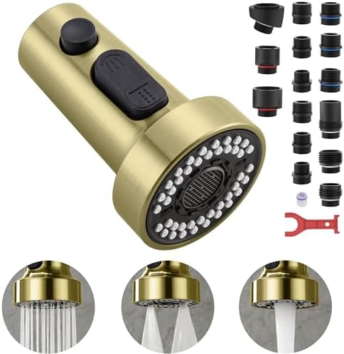TIORIY Kitchen Faucet Head with 15 Adapters, High Pressure 3 Functions Pull Down Kitchen Spray Head Replacement, Pull Out Kitchen Sink Sprayer Nozzle, Brushed Gold, ABS by TIORIY