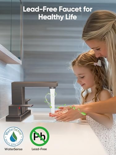Cobbe Bathroom Faucets for Sink 3 Hole, Oil Rubbed Bronze Bathroom Sink Faucet Square 4 Inch Centerset with Pop-Up Drain, 2 Handle and 2 Supply Hoses, Lead-Free Stainless Steel for Vanity Rv - Image 3
