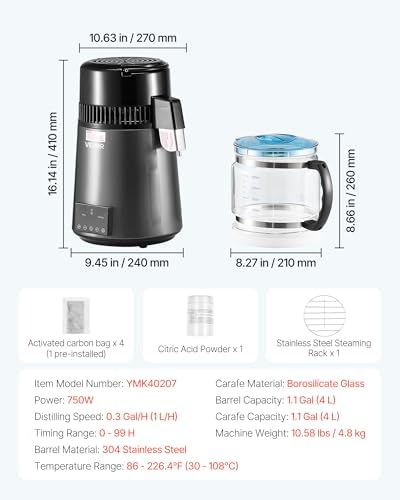 VEVOR Water Distiller, 4L /1.1 Gallon Pure Water Distilled for Home Table Countertop, 750W Distilling Maker with Glass Carafe, Stainless Steel Interior Drinking Machine to Make Clean Waters, Grey - Image 7