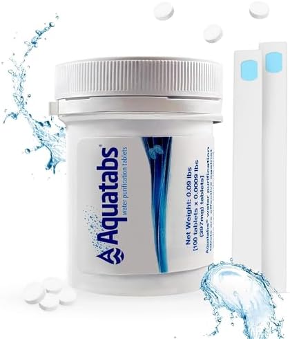 Aquatabs Water Purification Tablets for Drinking - 100 Tablets + 2 Chlorine Test Strips - Water Purifier Starter Kit - for Boat and RV Tanks - By Aquamarine Water Solutions by AquamarineWaterSolutionsInc