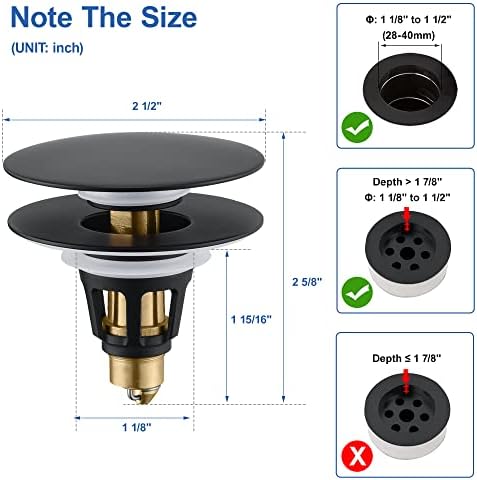Universal Bathroom Sink Stopper - Pop Up Sink Drain Stopper, Push Button Flixfilter Sink Drain Stopper Replacement, Wash Basin Drain Filter Plug Anti-Clogging Basket, Matte Black - Image 2