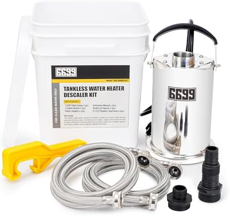 Tankless Water Heater Flushing Kit Includes 1/3HP Stainless Steel Sump Pump with Two Adapters & 3 Gallons Pail with Bucket Lid Opener & Two 1/2” Dia X 6’ Hoses with Washers by Volcanorproducts