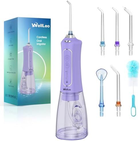 WellLeo Water Flosser for Teeth, 300ML Cordless Oral Irrigator Rechargeable Dental Flosser Picks with 5 Modes 5 Jet Tips,IPX7 Waterproof Teeth Cleaner for Braces Gum Care, Home Travel Use by Wellleo