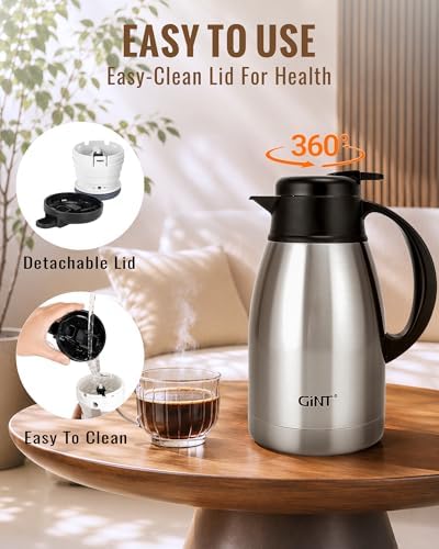 GiNT Thermal Coffee Carafe 51 Oz, Stainless Steel Insulated Beverage Server with Easy-Clean Detachable Lid, Leak-Proof One-Hand Pour Large Dispenser for Hot Drinks and Coffee Pot for Home Office - Image 4
