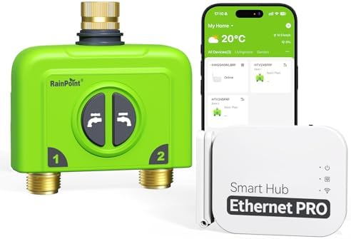 RAINPOINT WiFi Water Timer for Garden Hose, 2 Zone WiFi Sprinkler Controller, Smart Hose Timer Valve, Automatic Drip Irrigation System/Rain Delay for Garden (Brass Inlet & Outlet, Ethernet Gateway) by RainPoint