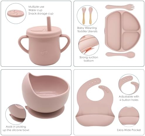 100% Silicone Baby Feeding Set,BPA Free Baby Dishes Set with Suction Bowl Divided Plate,Toddler Self Feeding Dish Set with Spoons Forks Sippy Cup and Bib, Baby Eating Utensils (Pink) - Image 3