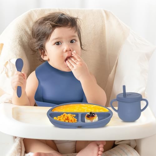 100% Silicone Baby Feeding Set, BPA Free Baby Dishes with Suction Bowl, Divided Plate, Toddler Self Feeding Dish Set with Spoons, Forks, Sippy Cup and Bib, Baby Eating Utensils (Navy Blue) - Image 6