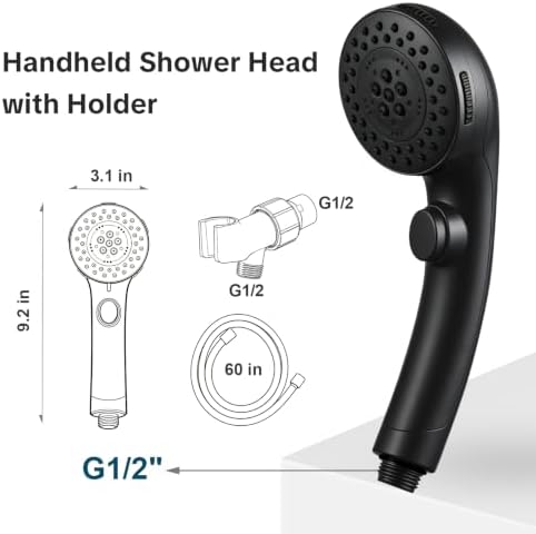 OFFO Shower Head with Handheld, 5 Mode Handheld Shower Head with On Off Switch for Water Saving, High Flow Powerful Boosting Showerheads with 60" PVC Hose & Holder, Matte Black - Image 7
