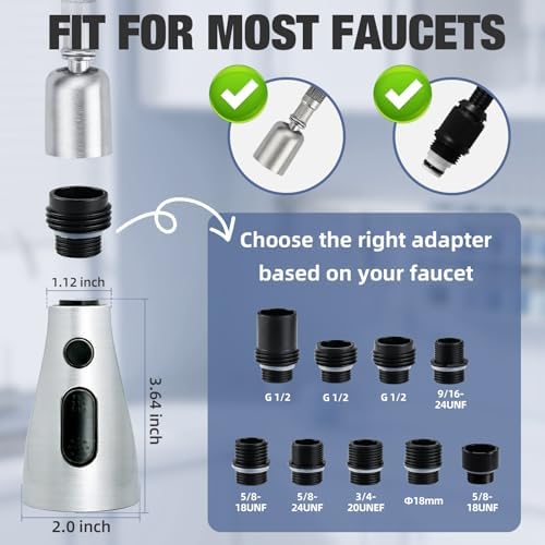 Kitchen Faucet Head Replacement, 3-Function Pull Down Spray Head with 9 Adapters, Sink Faucet Spray Head Compatible with Moen, Delta, American Standard Faucet, etc, Chrome - Image 3