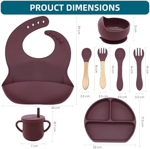 100% Silicone Baby Feeding Set, BPA Free Dishes With Suction Bowl, Divided Plate, Toddler Self Feeding Utensils, Spoons, Forks, Sippy Cup and Bib (Dark Red) - Image 2