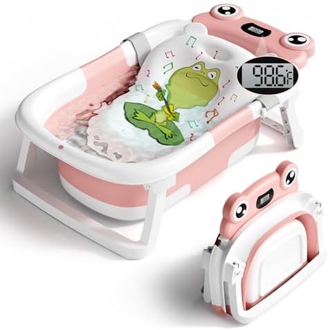 BUNWAG Baby Bathtub, Collapsible Newborn Bathtub for Infant to Toddler with Soft Cushion and Thermometer,Portable Travel Newborn Tub with No-Slip Feet, Baby Shower Gifts, 0-12 Months Baby Bath, Pink by BUNWAG