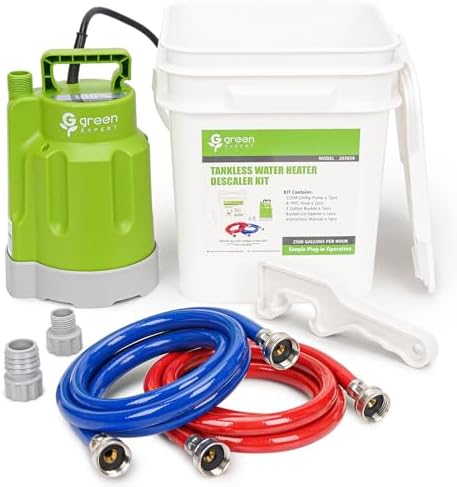 Green Expert Tankless Water Heater Flushing Kit, 1/2HP High-Flow Pump (2500 GPH), 3 Gallon Locking-Lid Bucket, 2×6ft 3/4" GHT PVC Hoses & Wrench, Descaling Maintenance Kit (Descaler Not Included) by TornadoTools