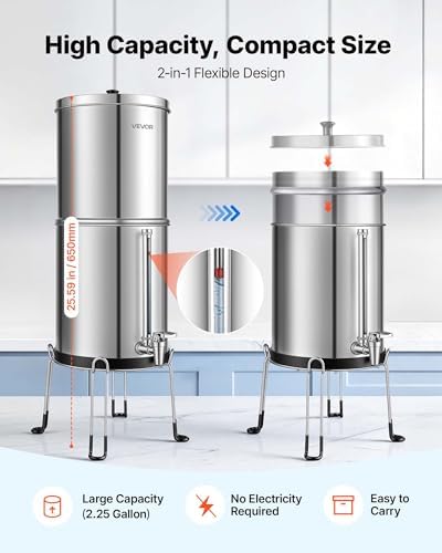 VEVOR Gravity-fed Water Filter System, 2.25G 304 Stainless-Steel Countertop Water Filtration System, Reduces Lead and up to 99% of Chlorine, w/ 2 Carbon Filter, Spigot, Stand - Image 7