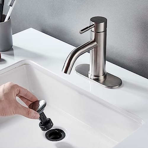 Single Hole Bathroom Sink Faucet Brushed Nicke, Modern Single Handle Bathroom Faucet Commercial Stainless Steel Basin Faucet with Drain - Image 3