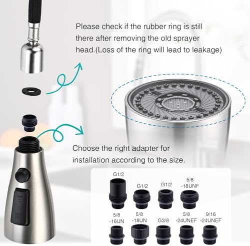 Metal Kitchen Faucet Head Replacement, 3-Function Pull Down Spray Head for Kitchen Faucet, High Pressure Sink Spray Nozzle with 9 Adapters Compatible with American Standard, Brushed Nickel - Image 5