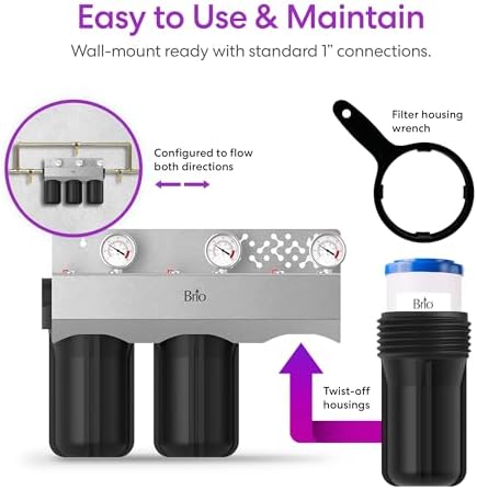 Brio Whole House Water Filter System w/Gauges | 3 Stage Fast-Flow Filtration (Sediment, CTO Carbon Block, Iron & Maganese) 4.5" x 10" Filters | Improves Taste, Protects Home Appliances | 720 GPH - Image 7