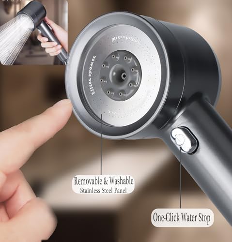 High Pressure Shower Head with Handheld, with Pause Switch 4 Spray Modes Water Saving Filter Showerhead, Showerhead Set with Hose, Bracket and Cotton Filter, Make Bathing Healthier (Grey) - Image 5