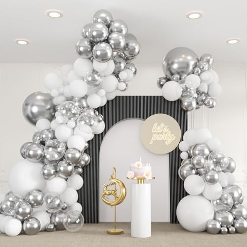 136pcs White and Silver Balloons Garland Arch Kit With Clear Balloons by ZizasAry