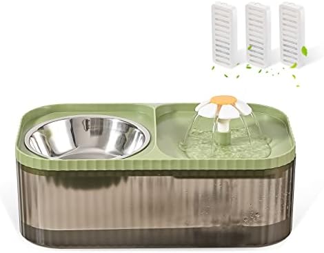 Cat Water Fountain and Food Bowl, 3L/101oz Ultra Quiet Pet Water Dispenser with Smart Pump and 3 Replacement Filters, Automatic Flower Fountain & Stainless Steel Bowl (Black & Green) by Petiscompanionbyyourside