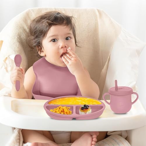 100% Silicone Baby Feeding Set,BPA Free Baby Dishes Set with Suction Bowl Divided Plate,Toddler Self Feeding Dish Set with Spoons Forks Sippy Cup and Bib, Baby Eating Utensils (Coral) - Image 2