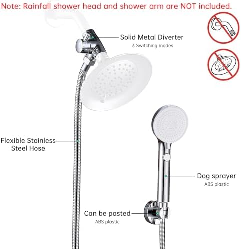 Dog Shower Head Sprayer Pet High Pressure 3 Mode Handheld with ON OFF Switch Metal Diverter 100 Inch Extra Long Stainless steel Hose No Drill Hook Chrome - Image 2
